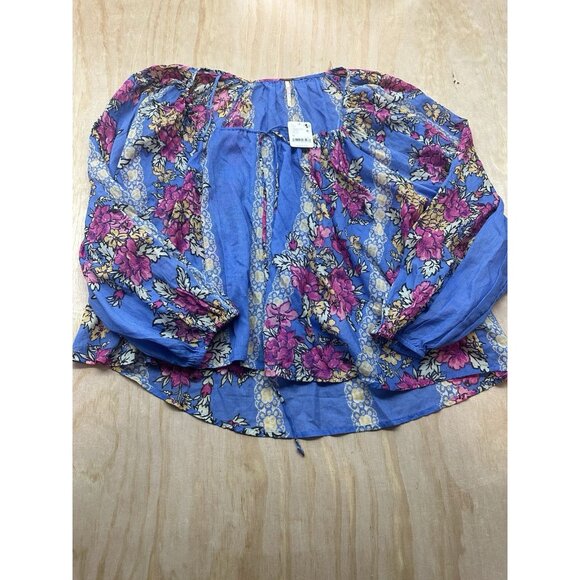 Free People Blouse Top Medium Floral Blue Pink Boho Chic Peasant NWT $128 Flowy - Picture 1 of 6